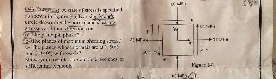 Q4) (2): A state of stress is specified
as shown in Figure (4), By using Mohr's
circle determine the normal and shearing
stresses and their directions on:
a The principal planes?
b-The planes of maximum shearing stress?
c- The planes whose normals are at (+50°)
and (+140°) with x-axis?
show your results on complete sketches of
differential elements.
t
40 MPa.
50 MPa,
80 MPa
VA
80 MPa
X
50 MPa
40 MPa
Figure (4)
180