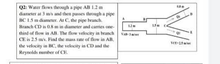 Q2: Water flows through a pipe AB 1.2 m
diameter at 3 m/s and then passes through a pipe
BC 1.5 m diameter. At C, the pipe branch.
Branch CD is 0.8 m in diameter and carries one-
third of flow in AB. The flow velocity in branchi
CE is 2.5 ms. Find the mass rate of flow in AB,
the velocity in BC, the velocity in CD and the
Reynolds number of CE
1.2 m
1.5m
Me
Or
Q:
VCE-25