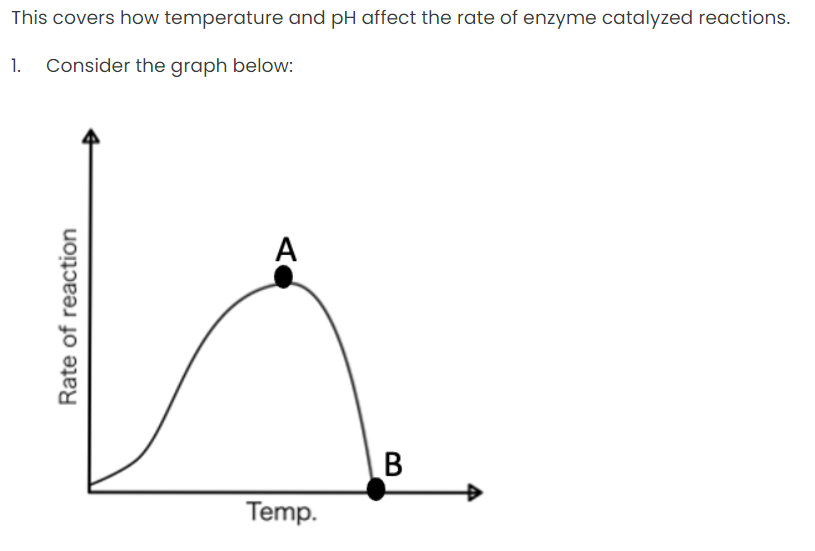 This covers how temperature and pH affect the rate of enzyme catalyzed reactions.
1. Consider the graph below:
A
B
Temp.
Rate of reaction
