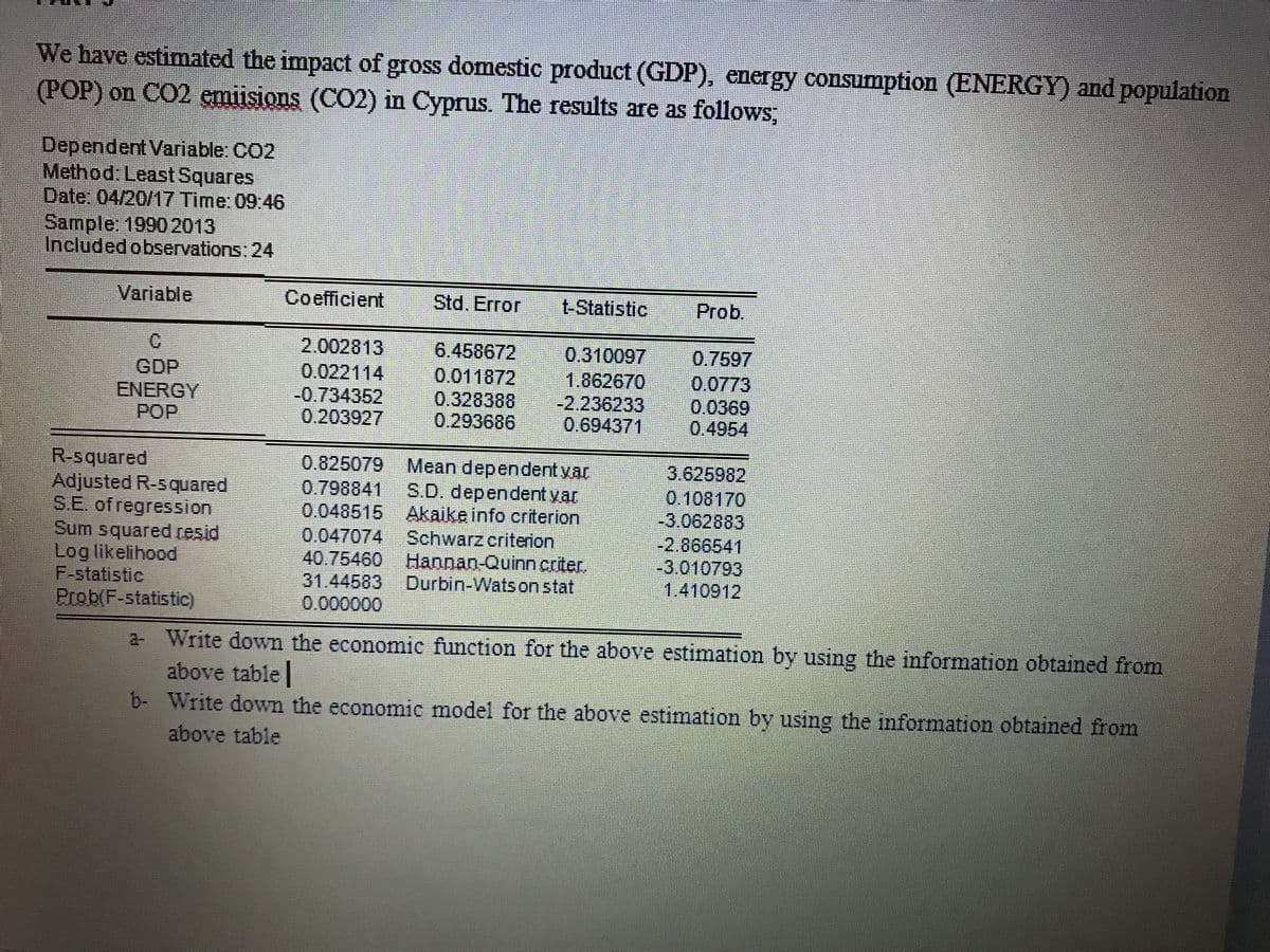 We have estimated the impact of gross domestic product (GDP), energy consumption (ENERGY) and population
(POP) on CO2 emiisions (CO2) in Cyprus. The results are as follows,
Dependent Variable: CO2
Method: Least Squares
Date: 04/20/17 Time: 09.46
Sample: 1990 2013
Included observations: 24
Variable
Coefficient
Std. Error
t-Statistic
Prob.
GDP
ENERGY
POP
2.002813
0.022114
-0.734352
0.203927
6.458672
0.011872
0.328388
0.293686
0,310097
1.862670
-2.236233
0.694371
0.7597
0.0773
0,0369
0.4954
R-squared
Adjusted R-squared
S.E. of regression
Sum squared resid
Log likelihood
F-statistic
Prob(F-statistic)
0.825079 Mean dependentyar
0.798841
0.048515 Akaike info criterion
0.047074 Schwarz criterion
40.75460 Hannan-Quinn.criter.
31.44583 Durbin-Wats on stat
0.000000
3.625982
0.108170
-3.062883
-2.866541
-3.010793
1.410912
S.D. dependent yar
a Write down the economie function for the above estimation by using the information obtained from
above table|
b- Write down the economic model for the above estimation by using the information obtained from
above table
