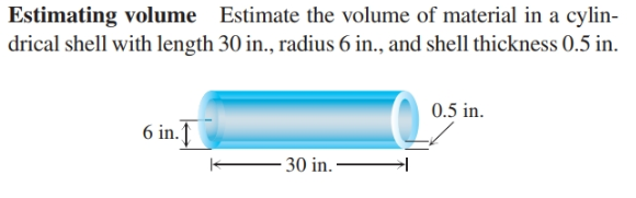 Estimating volume Estimate the volume of material in a cylin-
drical shell with length 30 in., radius 6 in., and shell thickness 0.5 in.
0.5 in.
6 in. ↑
30 in. –

