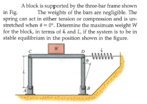 A block is supported by the three-bar frame shown
The weights of the bars are negligible. The
spring can act in either tension or compression and is un-
stretched when e = 0°. Determine the maximum weight W
for the block, in terms of 6 and L, if the system is to be in
stable equilibrium in the position shown in the figure.
in Fig.
D
B
