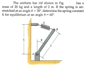 The uniform bar AB shown in Fig
has a
mass of 20 kg and a length of 2 m. If the spring is un-
stretched at an angle e = 30°, determine the spring constant
4 for equilibrium at an angle 0- 60°.
