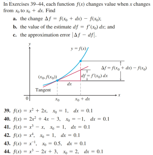 In Exercises 39–44, each function f(x) changes value when x changes
from x, to xo + dx. Find
a. the change Af = f(xo + dx) – f(xo);
b. the value of the estimate df = f'(xo) dx; and
c. the approximation error |Af – df|.
y = f(x)/
Af = f(xo + dx) – f(x)
df = f'(xo) dx
(xo, F(xo))
dx
Tangent
0|
xo + dx
39. f(x) 3D х? + 2x, хо —D 1,
40. f(x) = 2x² + 4x – 3, xo = -1, dx = 0.1
41. f(x) = x³ - x, xo = 1, dx = 0.1
dx = 0.1
%3D
42. f(x) 3 х, Хо —D 1, dx %3D 0.1
43. f(x) — х 1, Хо —D 0.5, dx %3D0.1
44. f(x) 3D х3 — 2х + 3, Хо — 2, dx 3D 0.1
