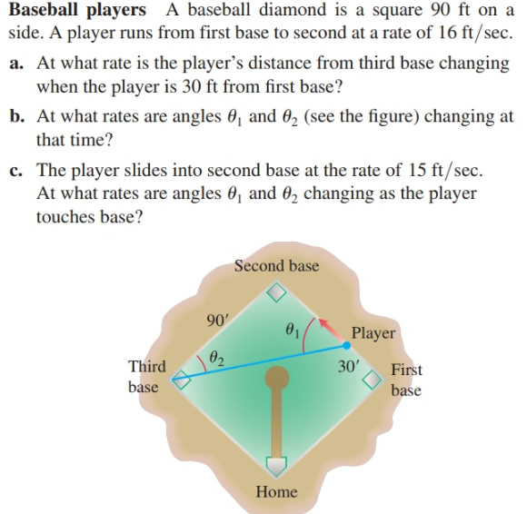 Baseball players A baseball diamond is a square 90 ft on a
side. A player runs from first base to second at a rate of 16 ft/sec.
a. At what rate is the player's distance from third base changing
when the player is 30 ft from first base?
b. At what rates are angles 0, and 02 (see the figure) changing at
that time?
c. The player slides into second base at the rate of 15 ft/sec.
At what rates are angles 0, and 0, changing as the player
touches base?
Second base
90'
Player
02
Third
30'
First
base
base
Home
