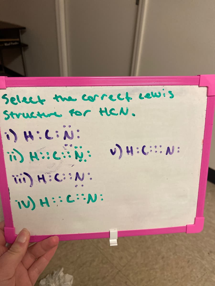 Select the correct cewis
Structre for HCN.
i) H:C::
i) Hi:C::
v) H:C::N:
H:C:N:
iv) H::C:
