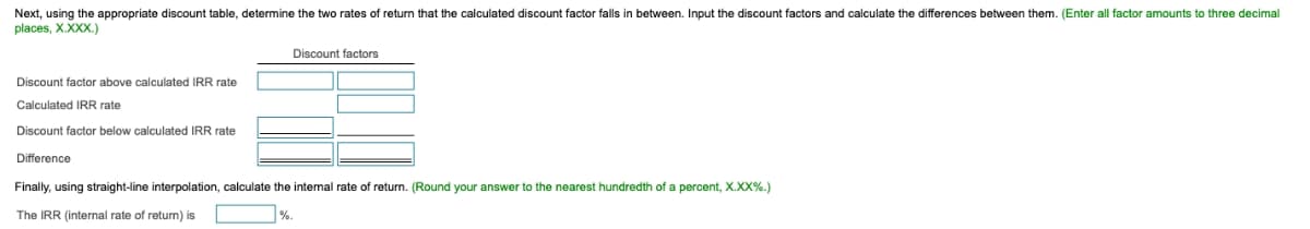 Next, using the appropriate discount table, determine the two rates of return that the calculated discount factor falls in between. Input the discount factors and calculate the differences between them. (Enter all factor amounts to three decimal
places, X.XXX.)
Discount factors
Discount factor above calculated IRR rate
Calculated IRR rate
Discount factor below calculated IRR rate
Difference
Finally, using straight-line interpolation, calculate the internal rate of return. (Round your answer to the nearest hundredth of a percent, X.XX%.)
The IRR (internal rate of return) is
%.
