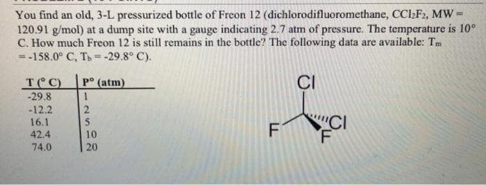 You find an old, 3-L pressurized bottle of Freon 12 (dichlorodifluoromethane, CCl2F2, MW=
120.91 g/mol) at a dump site with a gauge indicating 2.7 atm of pressure. The temperature is 10°
C. How much Freon 12 is still remains in the bottle? The following data are available: Tm
= -158.0° C, Tb =-29.8° C).
%3D
%3D
T C)
P° (atm)
CI
-29.8
1
-12.2
16.1
42.4
74.0
5
10
20
CI
F
