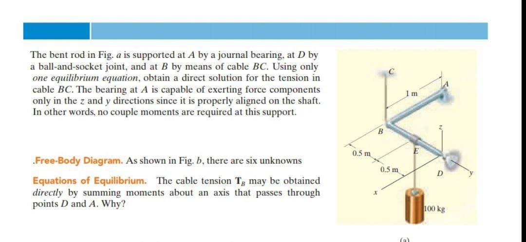 The bent rod in Fig. a is supported at A by a journal bearing, at D by
a ball-and-socket joint, and at B by means of cable BC. Using only
one equilibrium equation, obtain a direct solution for the tension in
cable BC. The bearing at A is capable of exerting force components
only in the z and y directions since it is properly aligned on the shaft.
In other words, no couple moments are required at this support.
1m
B
0.5 m
E
.Free-Body Diagram. As shown in Fig. b, there are six unknowns
0.5 m
Equations of Equilibrium. The cable tension Tg may be obtained
directly by summing moments about an axis that passes through
points D and A. Why?
100 kg
