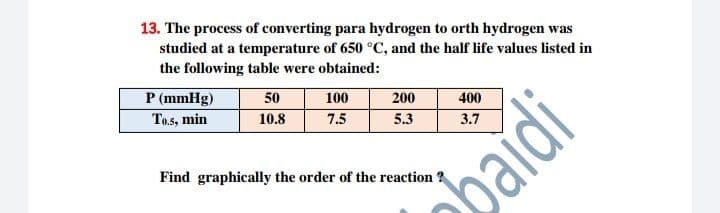 13. The process of converting para hydrogen to orth hydrogen was
studied at a temperature of 650 °C, and the half life values listed in
the following table were obtained:
P (mmHg)
To.s, min
50
100
200
400
10.8
7.5
5.3
3.7
Find graphically the order of the reaction ?
baidi
