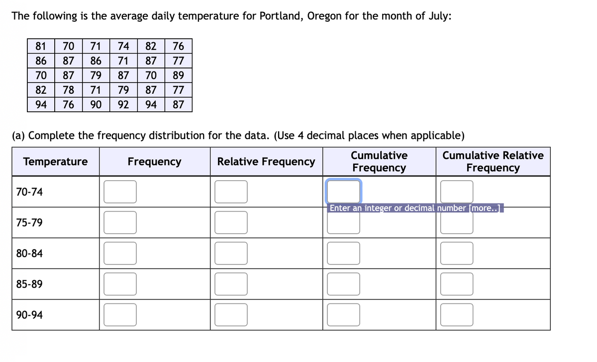 The following is the average daily temperature for Portland, Oregon for the month of July:
81
86
87
70 87 79 87
82 78 71
94
76 90
70-74
75-79
80-84
O7
85-89
90-94
70
FX
71
NE
86
(a) Complete the frequency distribution for the data. (Use 4 decimal places when applicable)
Temperature
Relative Frequency
Cumulative
Frequency
74 82 76
71 87 77
70 89
79 87
94 87
Frequency
Cumulative Relative
Frequency
Enter an integer or decimal number [more..]