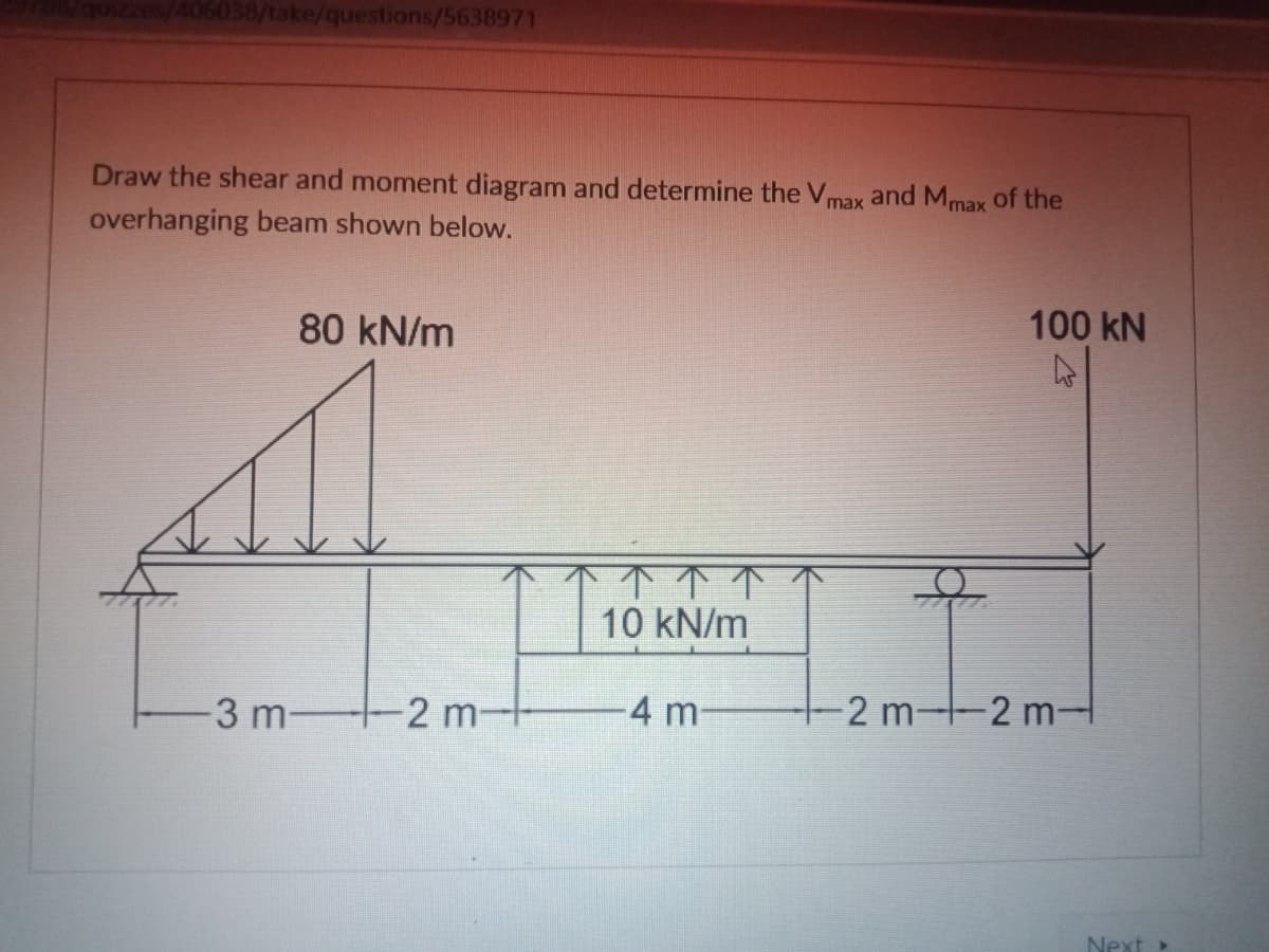 406038/take/questions/5638971
Draw the shear and moment diagram and determine the Vmax and Mmax of the
overhanging beam shown below.
100 kN
80 kN/m
个个个
10 kN/m
3 m-
2 m-
4 m
2 m--2 m-
Next
