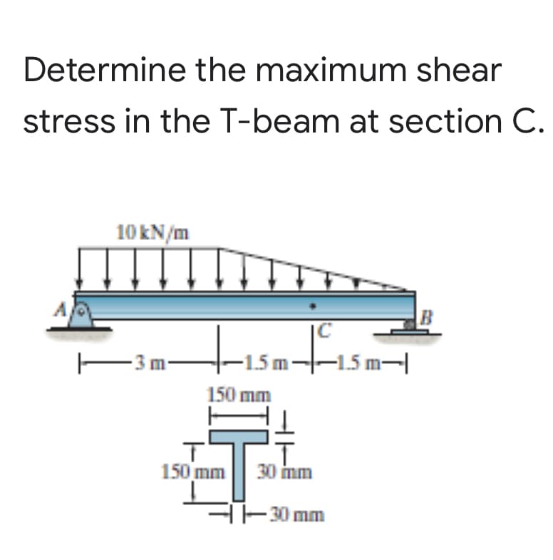 Determine the maximum shear
stress in the T-beam at section C.
10 kN/m
Lisafi
-3 m
-1.5m--1.5 m–|
150 mm
150 mm
30 imm
A-30 mm
IT
