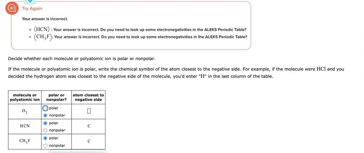 Try Again
Your answer is incorrect.
(HCN) : Your answer is incorrect. Do you need to look up some electronegativities in the ALEKS Periodic Table?
(CH,F): Your answer is incorrect. Do you need to look up some electronegativities in the ALEKS Periodic Table?
Decide whether each molecule or polyatomic ion is polar or nonpolar.
If the molecule or polyatomic ion is polar, write the chemical symbol of the atom closest to the negative side. For example, if the molecule were HCl and you
decided the hydrogen atom was closest to the negative side
the molecule, you'd enter "H" in the last column of the table.
molecule or
polar or
atom closest to
polyatomic ion
nonpolar?
negative side
polar
02
O nonpolar
O polar
HCN
C
O nonpolar
O polar
CH,F
C
O nonpolar
