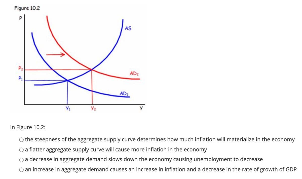 Figure 10.2
AS
P2
AD2
P:
AD:
Y2
In Figure 10.2:
the steepness of the aggregate supply curve determines how much inflation will materialize in the economy
a flatter aggregate supply curve will cause more inflation in the economy
a decrease in aggregate demand slows down the economy causing unemployment to decrease
an increase in aggregate demand causes an increase in inflation and a decrease in the rate of growth of GDP
