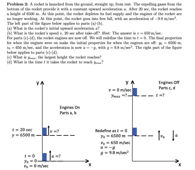 Problem 2: A rocket is launched from the ground, straight up, from rest. The expelling gases from the
bottom of the rocket provide it with a constant upward acceleration a. After 20 sec, the rocket reaches
a height of 6500 m. At this point, the rocket depletes its fuel supply and the engines of the rocket are
no longer working. At this point, the rocket goes into free fall, with an acceleration of –9.8 m/sec2.
The left part of the figure below applies to parts (a)-(b).
(a) What is the rocket's initial upward acceleration a?
(b) What is the rocket's speed v, 20 sec after take-off? Hint: The answer is v = 650 m/sec.
For parts (c)-(d), the rocket engines are now off. We will redefine the time to t = 0. The final properties
for when the engines were on make the initial properties for when the engines are off: y0 = 6500 m,
vo = 650 m/sec, and the acceleration is now a = -g, with g = 9.8 m/sec?. The right part of the figure
below applies to parts (c)-(d).
(c) What is ymaz, the largest height the rocket reaches?
(d) What is the time t it takes the rocket to reach ymaz?
ул
Engines Off
Parts c, d
ул
v = 0 m/sec
Ymax =?.
t =?
Engines On
Parts a, b
t = 20 sec
y = 6500 m
v =?
Redefine as t = 0
Yo = 6500 m
vo = 650 m/sec
a = -g
g = 9.8 m/sec?
%3D
t = 0
a =?
Yo = 0.
vo = 0 m/sec
