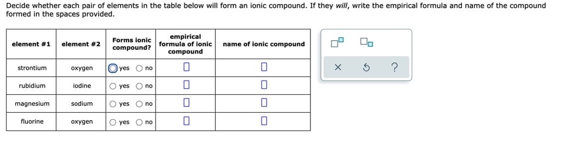 Decide whether each pair of elements in the table below will form an ionic compound. If they will, write the empirical formula and name of the compound
formed in the spaces provided.
Forms ionic
compound?
empirical
formula of ionic
compound
element #1
name of ionic compound
On
element #2
strontium
oxygen
O yes O no
rubidium
iodine
O yes O no
magnesium
sodium
O yes O no
fluorine
oxygen
O yes O no
