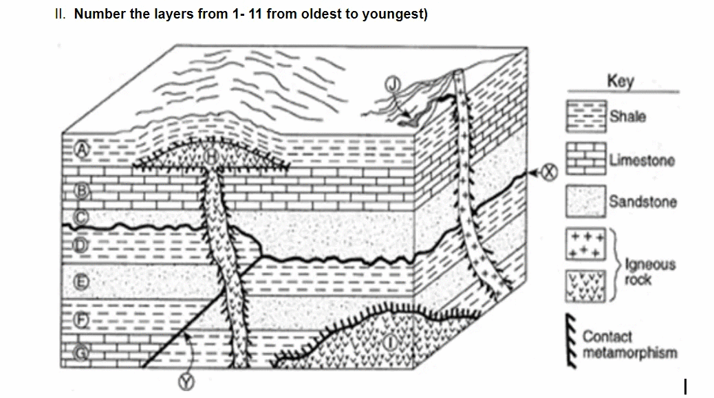 II. Number the layers from 1- 11 from oldest to youngest)
Key
Shale
Limestone
Sandstone
Igneous
rock
Contact
metamorphism
圈口国圈
