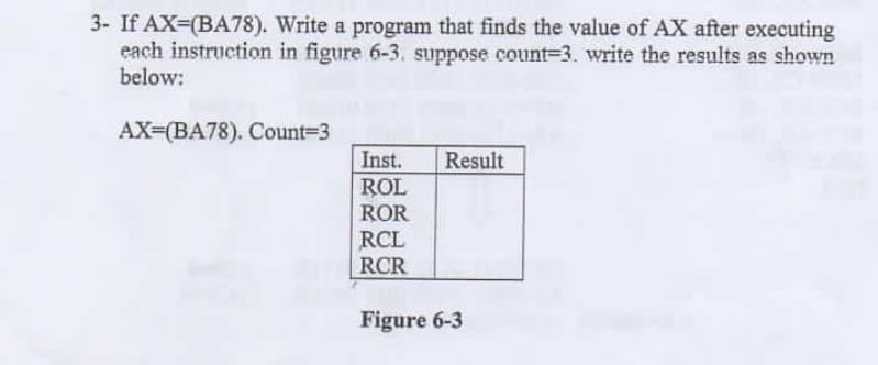 3- If AX-(BA78). Write a program that finds the value of AX after executing
each instruction in figure 6-3. suppose count-3. write the results as shown
below:
AX=(BA78). Count=3
Inst.
Result
ROL
ROR
RCL
RCR
Figure 6-3
