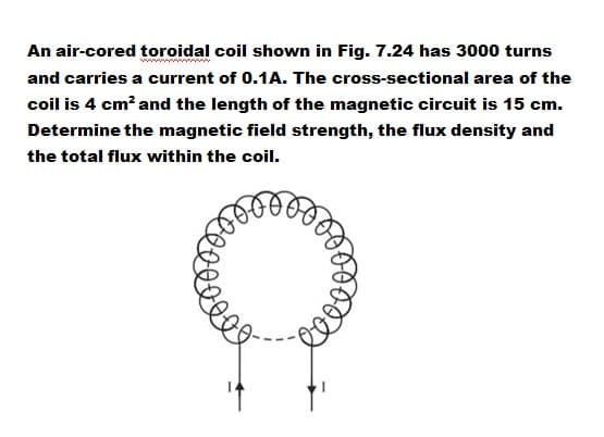 An air-cored toroidal coil shown in Fig. 7.24 has 3000 turns
and carries a current of 0.1A. The cross-sectional area of the
coil is 4 cm² and the length of the magnetic circuit is 15 cm.
Determine the magnetic field strength, the flux density and
the total flux within the coil.
www.
oooo