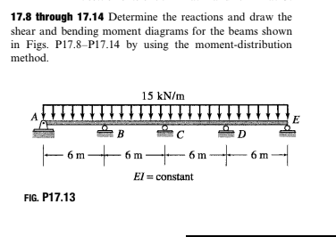 17.8 through 17.14 Determine the reactions and draw the
shear and bending moment diagrams for the beams shown
in Figs. P17.8-P17.14 by using the moment-distribution
method.
15 kN/m
E
B
C
D
- 6 m - 6 m-- 6 m
El = constant
FIG. P17.13

