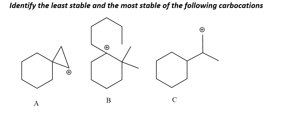 Identify the least stable and the most stable of the following carbocations
A
C
