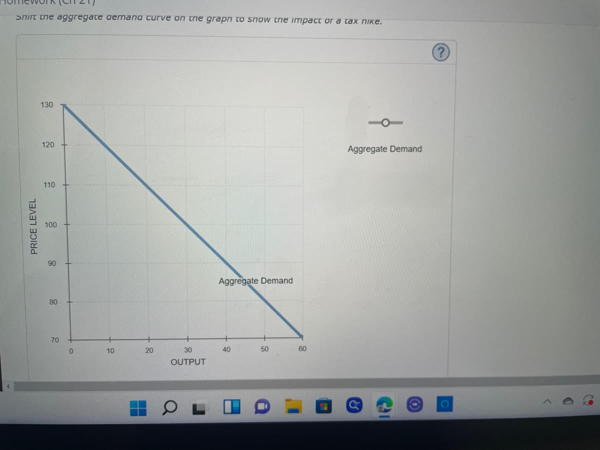 Snirt the aggregate demand curve on the grapn to snow the impact or a tax nike.
130
PRICE LEVEL
120
110
100
90
80
70
0
10
20
30
OUTPUT
O
Aggregate Demand
40
50
60
Aggregate Demand
CO