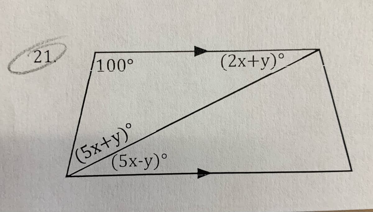 21.
100°
(2x+y)°
(5x+y)°
(5x-y)°
