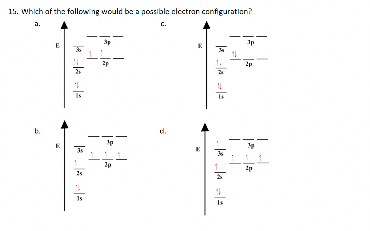 15. Which of the following would be a possible electron configuration?
a.
b.
E
E
| == = |-
1s
| - = |-
3s
2s
1s
3р
2P
I
зр
2P
с.
d.
E
E
3s
11
2s
1
1s
3s
-|- -|-
2s
1s
3р
2P
зр
2P