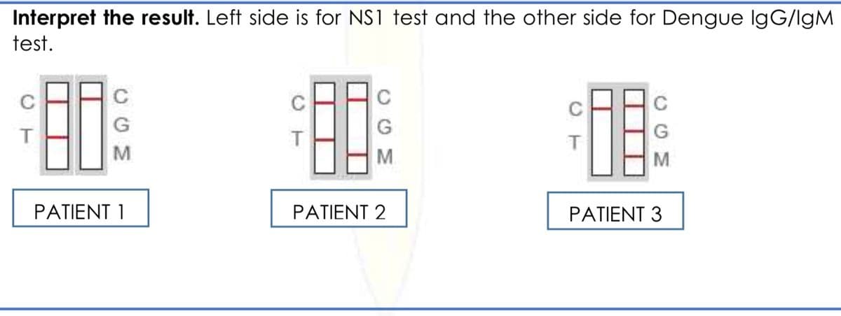 Interpret the result. Left side is for NS1 test and the other side for Dengue IgG/IgM
test.
C
C
C
C
G
G
M
M
M
PATIENT 1
PATIENT 2
PATIENT 3
