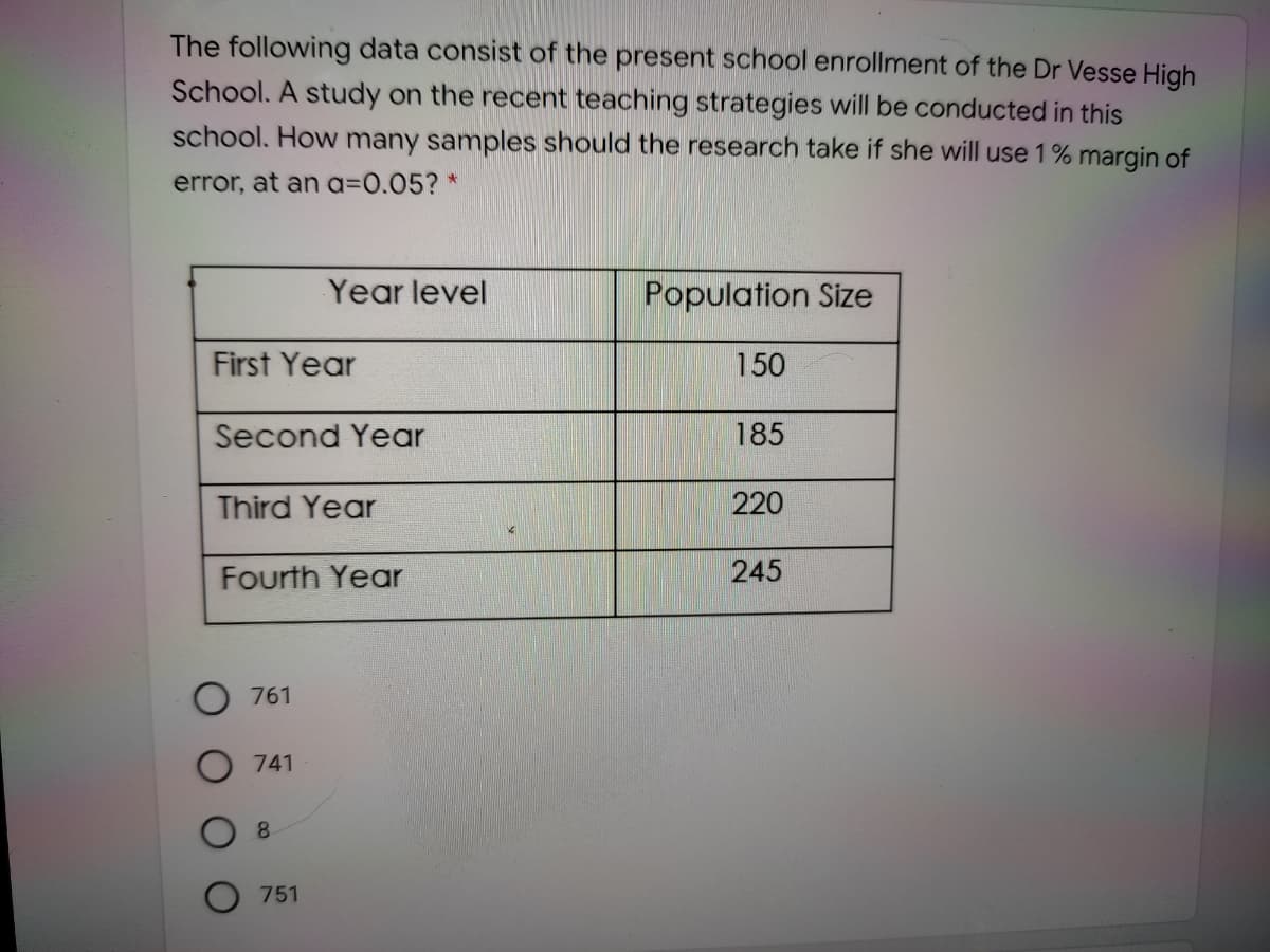 The following data consist of the present school enrollment of the Dr Vesse High
School. A study on the recent teaching strategies will be conducted in this
school. How many samples should the research take if she will use 1% margin of
error, at an a=0.05? *
Year level
Population Size
First Year
150
Second Year
185
Third Year
220
Fourth Year
245
761
741
8.
O 751
