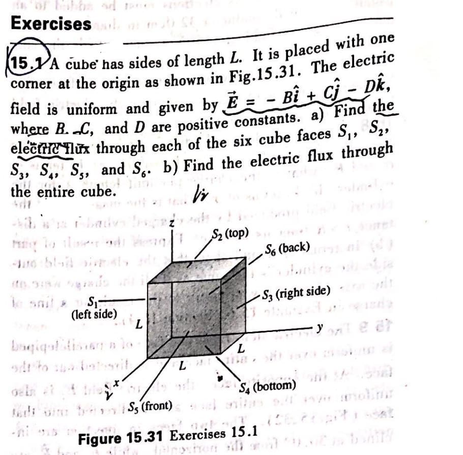 Exercises
of ahba d c
5YA cube' has sides of length L. It is placed with one
corner at the origin as shown in Fig.15.31. The electric
field is uniform and given by E = - Bî + Cj - Dk,
where B. C, and D are positive constants. a) Find the
electrie flux through each of the six cube faces S,,
S3, S4, S,, and S.. b) Find the electric flux through
the entire cube.
S2,
S2 (top)
S6 (back)
ie saila
-S3 (right side)
(left side)
L
bngiqulitise a lo
e er
7.
S4 (bottom)
e i b n
S3 (front)
Figure 15.31 Exercises 15.1
