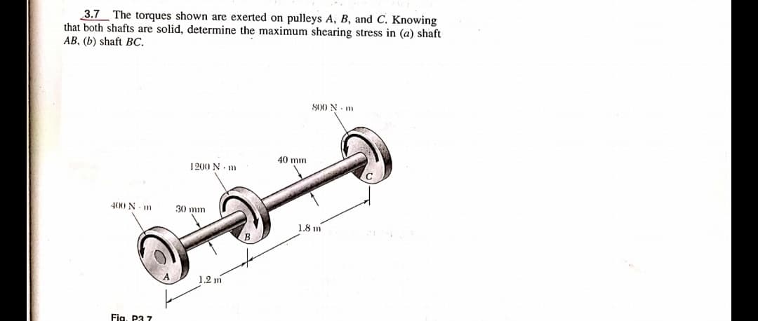 3.7
that both shafts are solid, determine the maximum shearing stress in (a) shaft
AB, (b) shaft BC.
The torques shown are exerted on pulleys A, B, and C. Knowing
800 N- m
40 mm
1200 N- m
400 N- m
30 mm
1.8 m
1.2 m
Fig. P3 7
