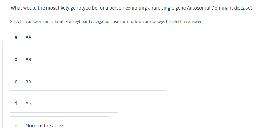 What would the most likely genotype be for a person exhibiting a rare single gene Autosomal Dominant disease?
Select an answer and submit. For keyboard navigation, use the up/down arrow keys to select an answer.
a
А
b
Aa
aa
d
АВ
e
None of the above
