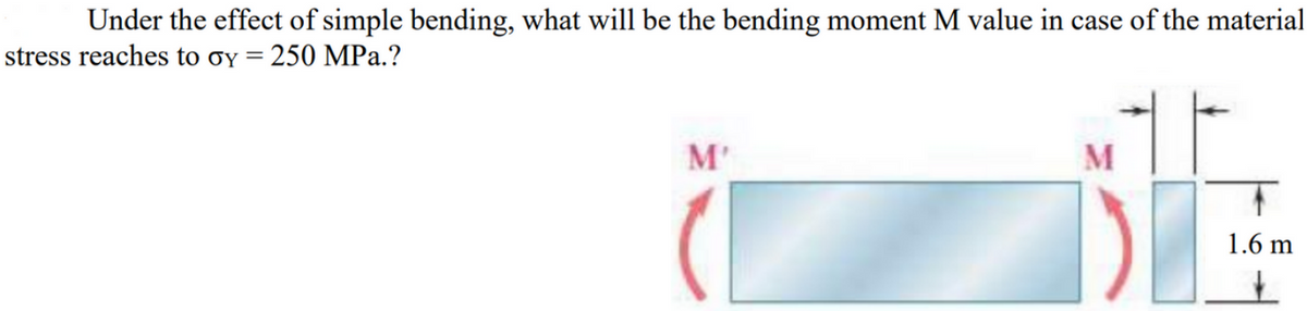 Under the effect of simple bending, what will be the bending moment M value in case of the material
stress reaches to oy = 250 MPa.?
M'
M
1.6 m