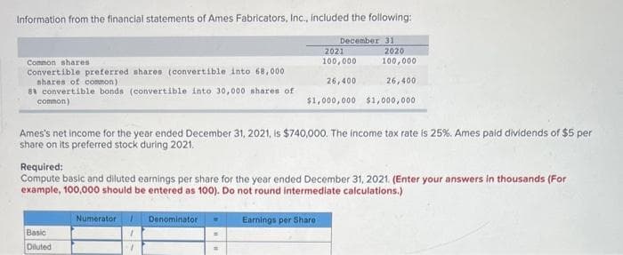Information from the financial statements of Ames Fabricators, Inc., included the following:
December 31
Common shares
Convertible preferred shares (convertible into 68,000
shares of common)
83 convertible bonds (convertible into 30,000 shares of
common)
Basic
Diluted
Numerator
Ames's net income for the year ended December 31, 2021, is $740,000. The income tax rate is 25%. Ames paid dividends of $5 per
share on its preferred stock during 2021.
1
2021
100,000
26,400
$1,000,000
Required:
Compute basic and diluted earnings per share for the year ended December 31, 2021. (Enter your answers in thousands (For
example, 100,000 should be entered as 100). Do not round intermediate calculations.)
Denominator
2020
100,000
26,400
Earnings per Share
$1,000,000