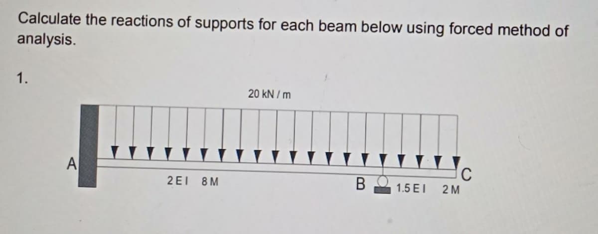 Calculate the reactions of supports for each beam below using forced method of
analysis.
1.
20 kN / m
A
2 EI
8 M
1.5 EI
2 М
