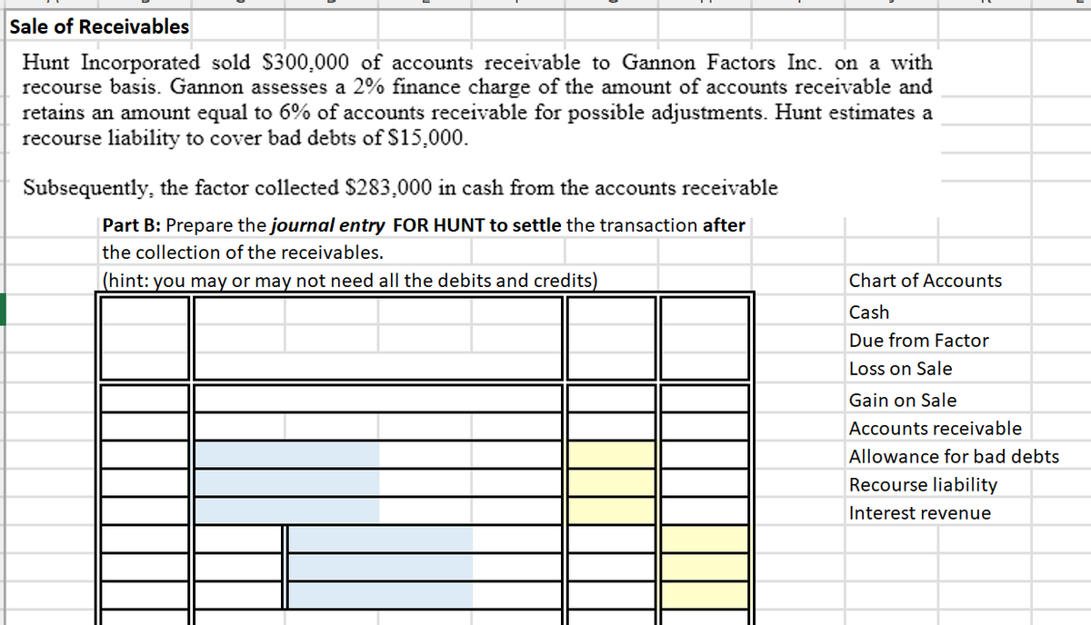 Sale of Receivables
Hunt Incorporated sold $300,000 of accounts receivable to Gannon Factors Inc. on a with
recourse basis. Gannon assesses a 2% finance charge of the amount of accounts receivable and
retains an amount equal to 6% of accounts receivable for possible adjustments. Hunt estimates a
recourse liability to cover bad debts of $15,000.
Subsequently, the factor collected $283,000 in cash from the accounts receivable
Part B: Prepare the journal entry FOR HUNT to settle the transaction after
the collection of the receivables.
(hint: you may or may not need all the debits and credits)
Chart of Accounts
Cash
Due from Factor
Loss on Sale
Gain on Sale
Accounts receivable
Allowance for bad debts
Recourse liability
Interest revenue