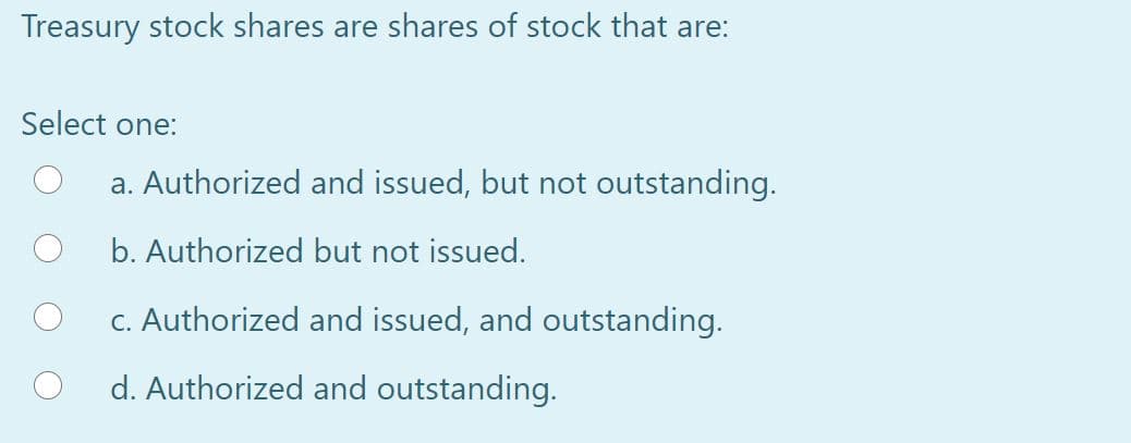 Treasury stock shares are shares of stock that are:
Select one:
a. Authorized and issued, but not outstanding.
b. Authorized but not issued.
c. Authorized and issued, and outstanding.
d. Authorized and outstanding.
