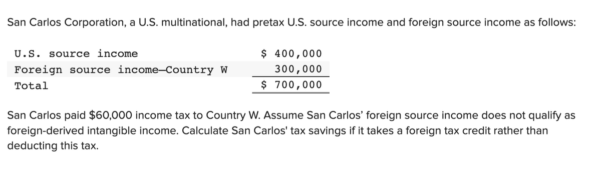 San Carlos Corporation, a U.S. multinational, had pretax U.S. source income and foreign source income as follows:
U.S. source income
$ 400,000
300,000
Foreign source income-Country W
Total
$ 700,000
San Carlos paid $60,000 income tax to Country W. Assume San Carlos' foreign source income does not qualify as
foreign-derived intangible income. Calculate San Carlos' tax savings if it takes a foreign tax credit rather than
deducting this tax.