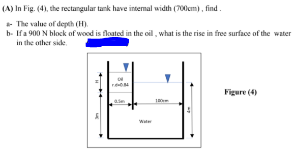 (A) In Fig. (4), the rectangular tank have internal width (700cm) , find .
a- The value of depth (H).
b- If a 900 N block of wood is floated in the oil , what is the rise in free surface of the water
in the other side.
Oil
r.d-0.84
Figure (4)
0.5m
100cm
Water

