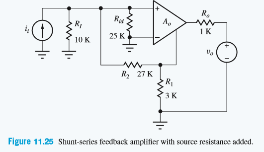 R.
R
Rid
A.
(1)
25 K
10 K
R, 27 K
R1
ЗК
Figure 11.25 Shunt-series feedback amplifier with source resistance added.
