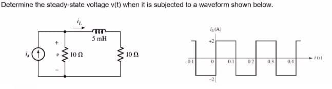 Determine the steady-state voltage v(t) when it is subjected to a waveform shown below.
iş (A)
ele
5 mH
+2
10 N
10 0
t(s)
-0.1
0.1
0.2
0.3
0.4
