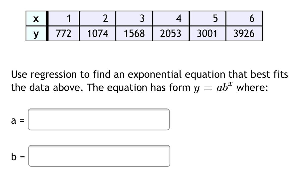 1
2
3
4
5
y
772
1074
1568
2053
3001
3926
Use regression to find an exponential equation that best fits
the data above. The equation has form y = ab" where:
a =
b =
