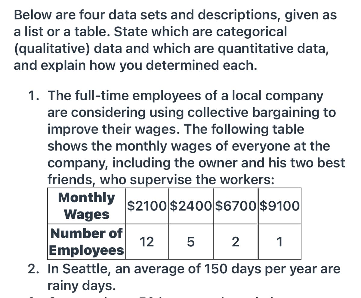Below are four data sets and descriptions, given as
a list or a table. State which are categorical
(qualitative) data and which are quantitative data,
and explain how you determined each.
1. The full-time employees of a local company
are considering using collective bargaining to
improve their wages. The following table
shows the monthly wages of everyone at the
company, including the owner and his two best
friends, who supervise the workers:
Monthly
Wages
Number of
Employees
2. In Seattle, an average of 150 days per year are
rainy days.
$2100 $2400 $6700 $9100
12
2
1
