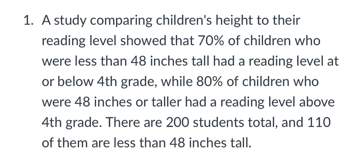 1. A study comparing children's height to their
reading level showed that 70% of children who
were less than 48 inches tall had a reading level at
or below 4th grade, while 80% of children who
were 48 inches or taller had a reading level above
4th grade. There are 200 students total, and 110
of them are less than 48 inches tall.