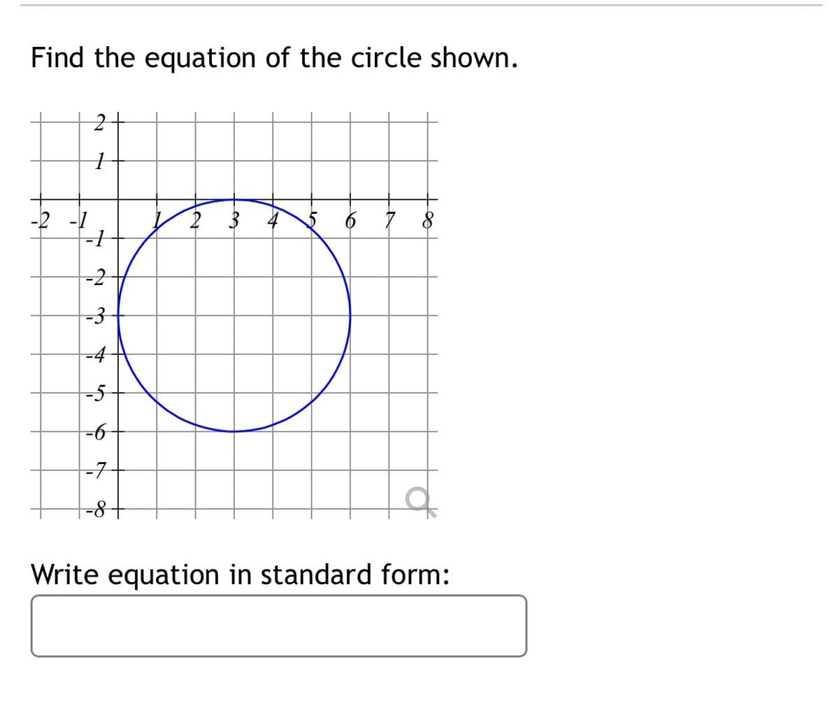 Find the equation of the circle shown.
-2 -1
4
-3
-4
-5
--
-구
Write equation in standard form:
to
