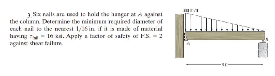 300 Ib/ft
3. Six nails are used to hold the hanger at A against
the column. Determine the minimum required diameter of
each nail to the nearest 1/16 in. if it is made of material
having 7fail = 16 ksi. Apply a factor of safety of F.S. = 2
against shear failure.
B
-9 ft
