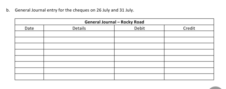 b. General Journal entry for the cheques on 26 July and 31 July.
General Journal – Rocky Road
Date
Details
Debit
Credit
