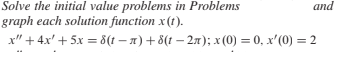 Solve the initial value problems in Problems
and
graph each solution function x(1).
x" + 4x' + 5x = 8(1 – x) + 8(t – 27); x(0) = 0, x'(0) = 2
